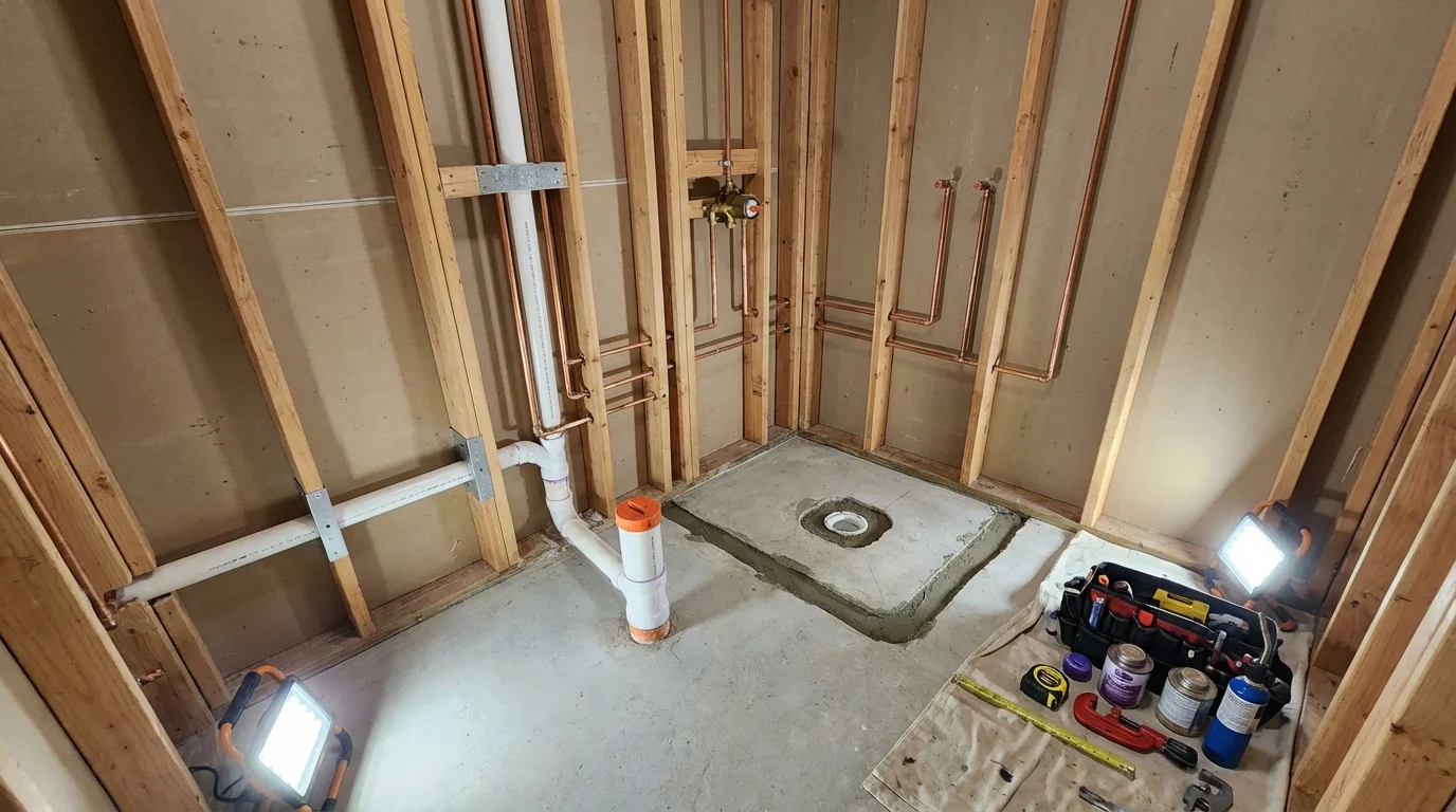 Bathroom rough-in plumbing during remodel by Johns Plumbing LLC in Sneads