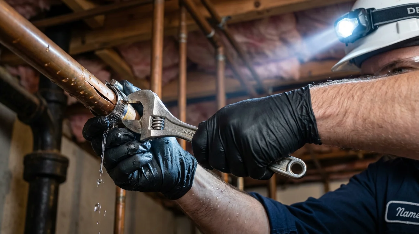 Emergency pipe clamp repair being performed by a Johns Plumbing LLC plumber in Sneads