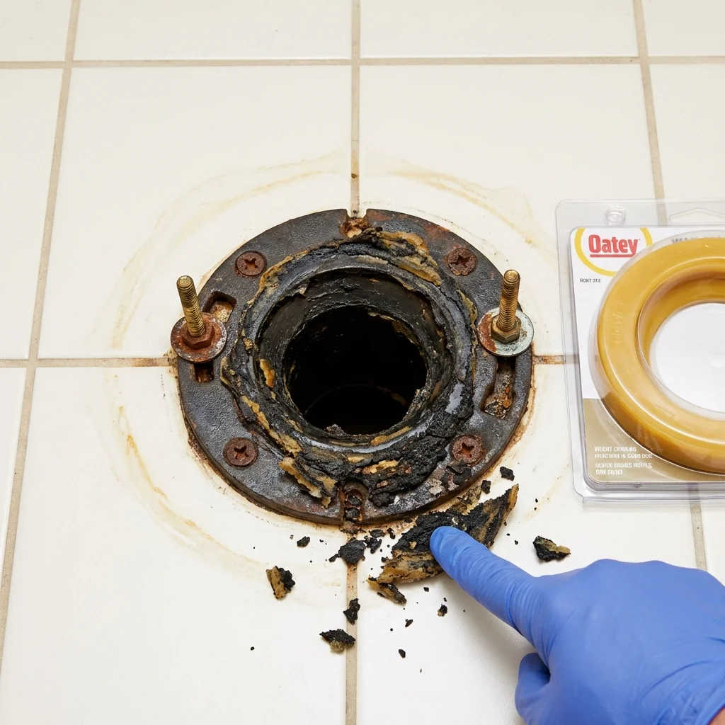Failed wax ring showing water seepage at the base of a toilet in a Sneads, FL home