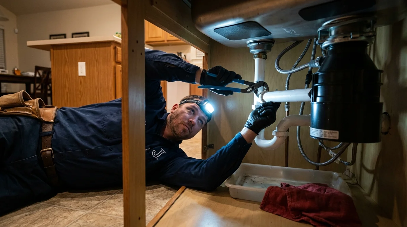 P-trap and supply line connections under a kitchen sink showing a common leak point in Sneads, FL